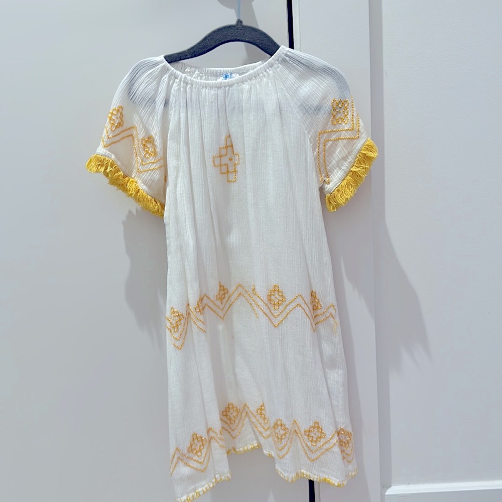 Mer St. Barth Yellow and White Tassel Dress with Embroidery. Little Girl Size 6.